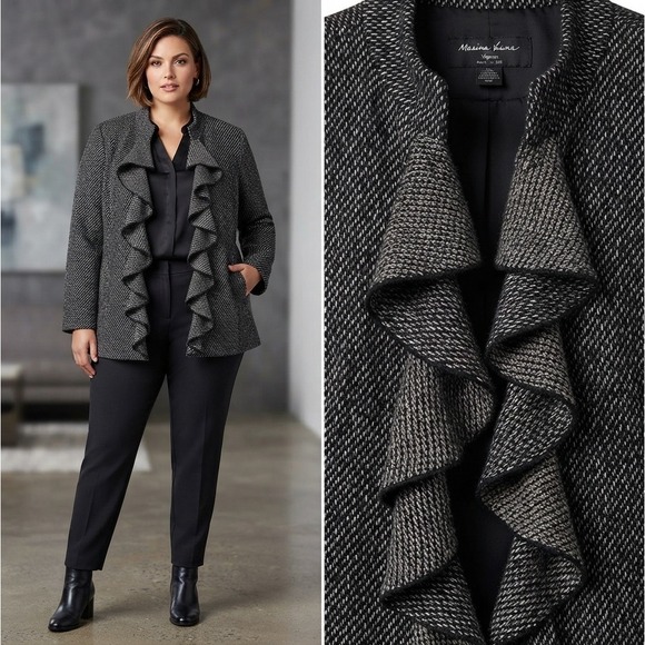 Marina Luna Jackets & Blazers - Marina Luna Woman Black White Ruffle Front Wool Blend Jacket Plus Size 2X